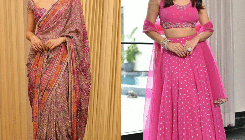 Two women showcasing elegant party wear styles by Loyal Creations—one wearing a designer saree with a statement embroidered blouse, and the other in a pink lehenga set with a handcrafted blouse—highlighting different party wear dress styles for ladies.