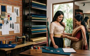 Tailor measuring a customer for a custom-fit outfit at a Loyal Creations Attingal