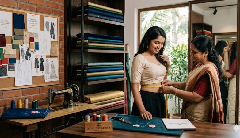 Tailor measuring a customer for a custom-fit outfit at a Loyal Creations Attingal